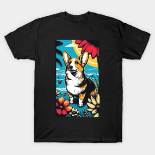 Corgi Dog Vibrant Tropical Flower Tall Retro Vintage Digital Pop Art Portrait 2 T-Shirt